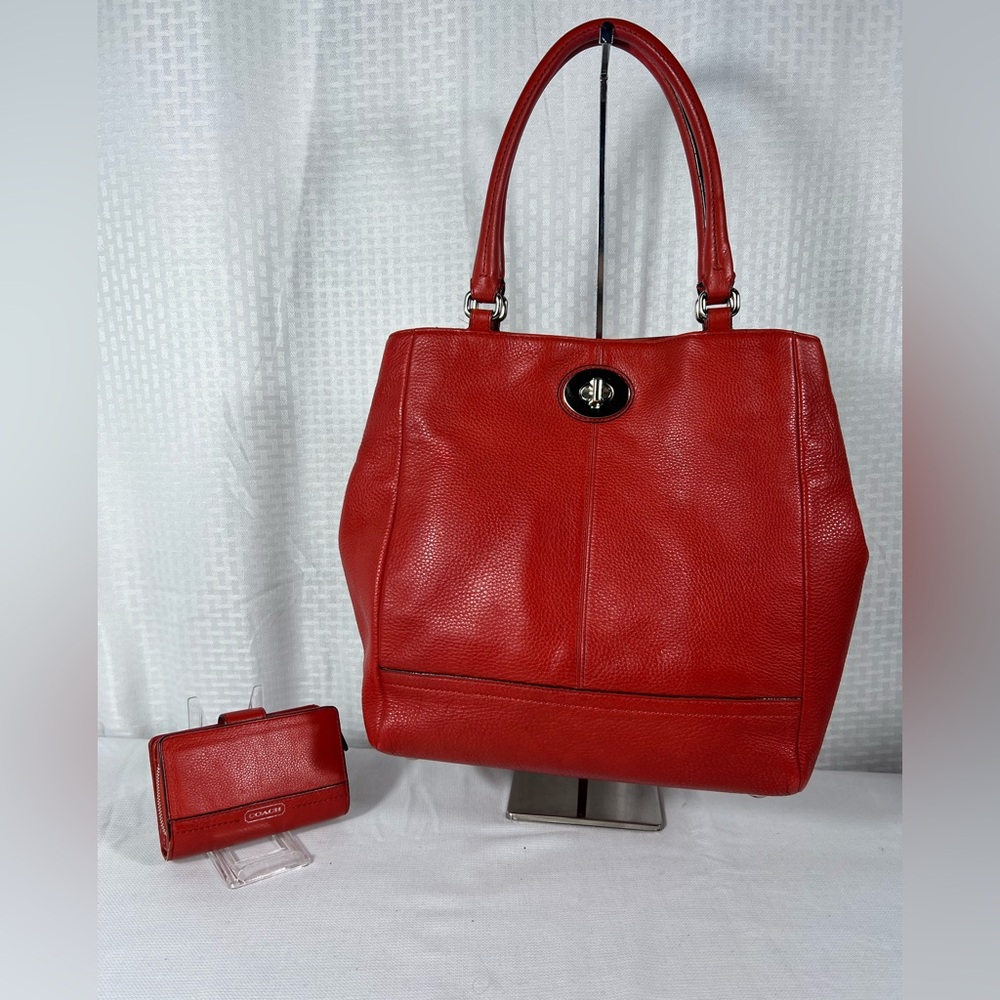 4139: Coach Legacy Pebbled Leather Tote & Matching Wallet Set Red